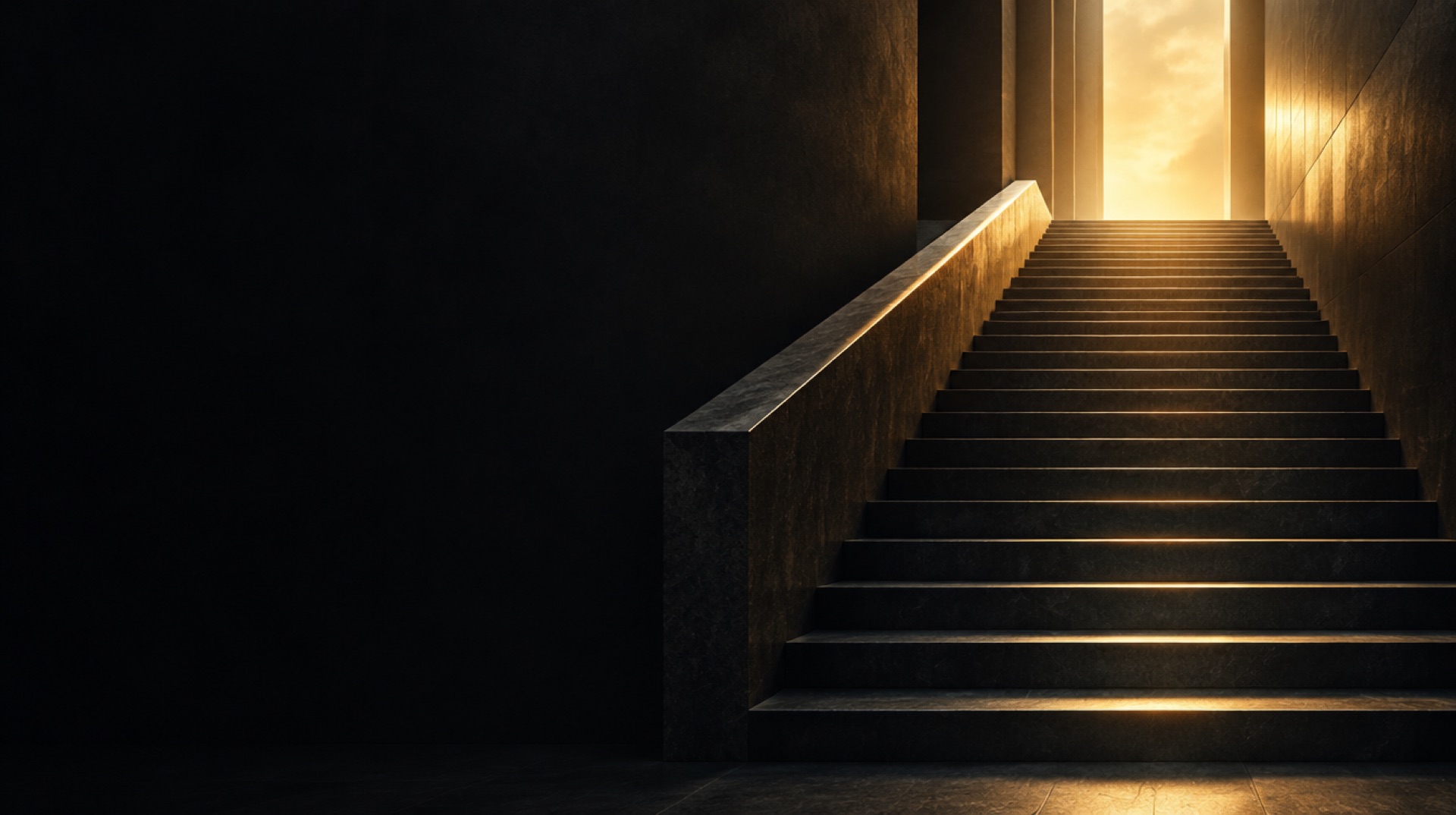 A monumental stone staircase rising into warm light