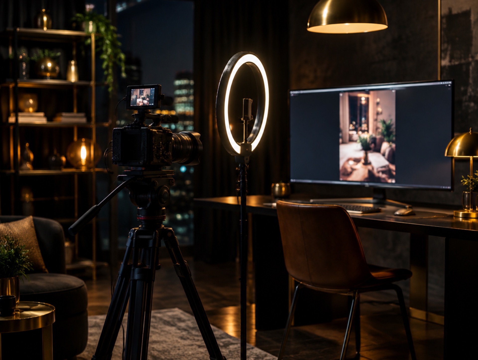 A content studio with a camera, ring light and editing screen