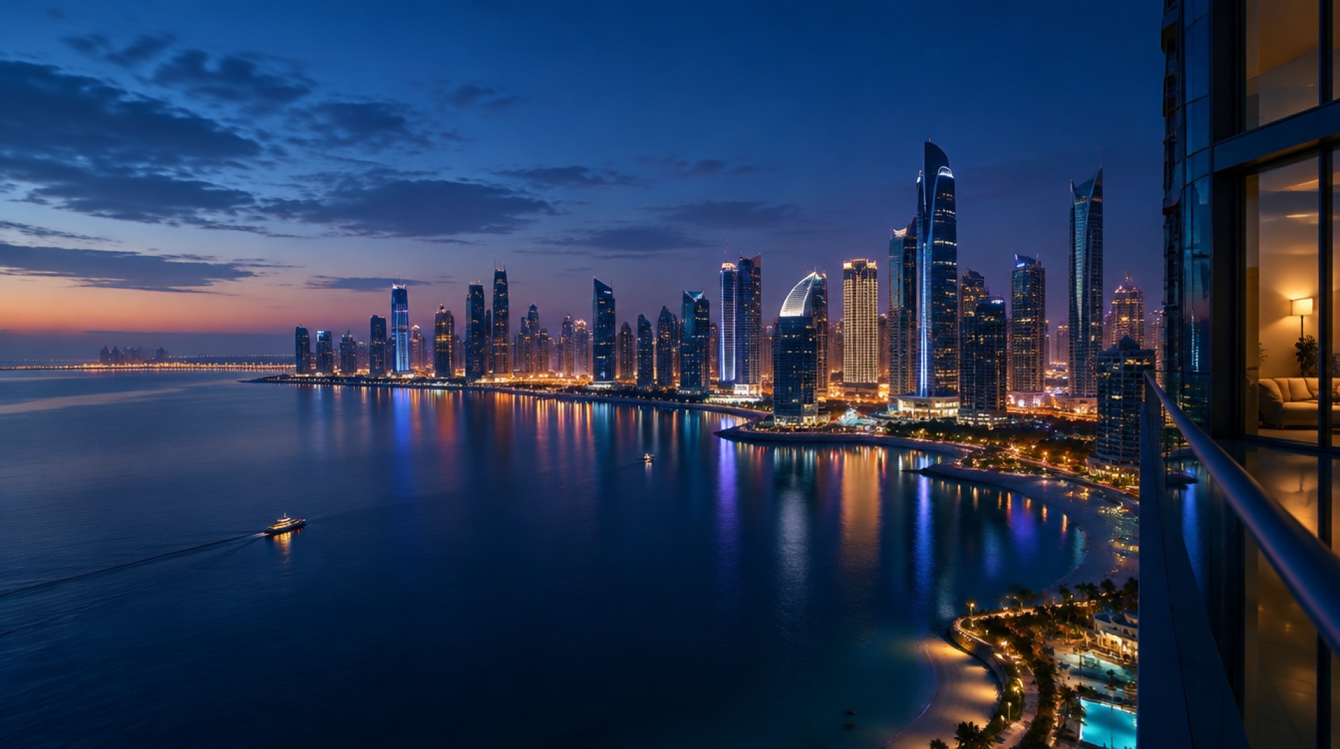A Gulf city skyline at blue hour